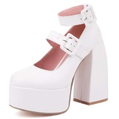 Round Toe Chunky Heels Ankle Buckle Double Straps Platforms Pumps - White Faux Leather