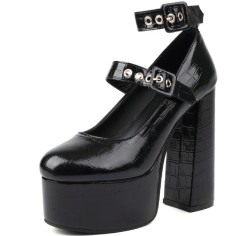 Round Toe Platforms Ankle Straps Croco Embbossed Chunky Heels Mary Janes Pumps - Black