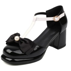 Round Toe Beads Bow-tied Chunky Heels Lolita T Straps Dorsay Pumps - Black
