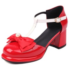 Round Toe Beads Bow-tied Chunky Heels Lolita T Straps Dorsay Pumps - Red
