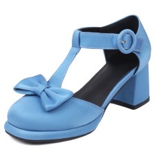 Round Toe Bowtied T Straps Chunky Heels Dorsay Pumps - Blue