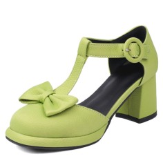 Round Toe Bowtied T Straps Chunky Heels Dorsay Pumps - Green
