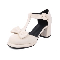 Round Toe Bowtied T Straps Chunky Heels Dorsay Pumps - White