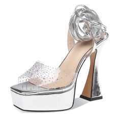 Square Open Toe Thick Heels Ankle Gladiator Lace Straps Transparent Platforms Pumps Sandals - Silver