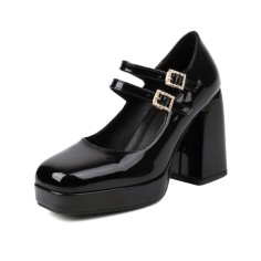 Square Toe Chunky Heels Rhinestones Double Straps Mary Janes Patent Platform Pumps - Black