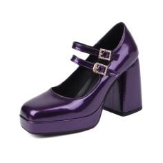 Square Toe Chunky Heels Rhinestones Double Straps Mary Janes Patent Platform Pumps - Purple