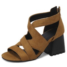 Peep Toe Back Zipper Chunky Heels Roman Summer Sandals - Auburn