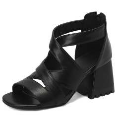 Peep Toe Back Zipper Chunky Heels Roman Summer Sandals - Black