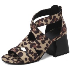 Peep Toe Back Zipper Chunky Heels Roman Summer Sandals - Leopard