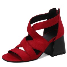Peep Toe Back Zipper Chunky Heels Roman Summer Sandals - Red