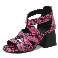 Peep Toe Back Zipper Chunky Heels Snake Print Roman Summer Sandals - Rose Red
