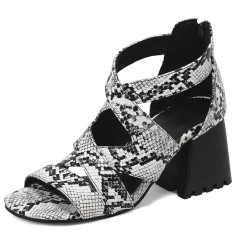 Peep Toe Back Zipper Chunky Heels Snake Print Roman Summer Sandals - White