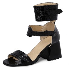 Peep Toe Ankle Straps Snake Print Chunky Heels Boots Sandals - Black