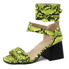 Peep Toe Ankle Straps Snake Print Chunky Heels Boots Sandals - Green