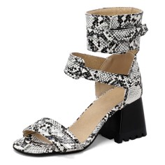 Peep Toe Ankle Straps Snake Print Chunky Heels Boots Sandals - White