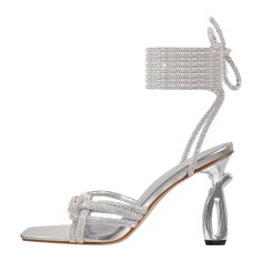 Square Open Toe Rhinestones Lace Up Strange Elegant Heels Gladiator Lace Up Sandals - Silver Faux Leather