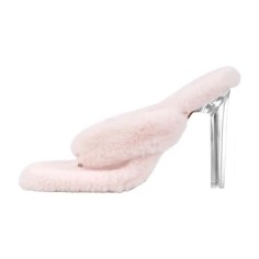 Square Open Toe Stiletto Transparent Heels Sherpa Flip Flops Sandals Slippers - LightPink Faux Fur