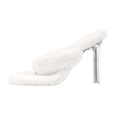 Square Open Toe Stiletto Transparent Heels Sherpa Flip Flops Sandals Slippers - White Faux Fur