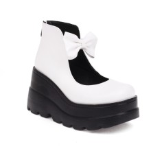 Round Toe Platforms Bow Decorated Back Zipper Ankle High Loafers Wedges - White