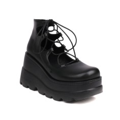 Round Toe Platforms College Style Lolita Lace Up Loafers Wedges - Black