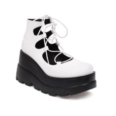 Round Toe Platforms College Style Lolita Lace Up Loafers Wedges - White