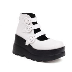 Round Toe Platforms Mary Janes Ankle High Loafers Wedges - White