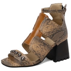 Peep Toe Ankle Straps Snake Print Chunky Heels Sandals - Auburn