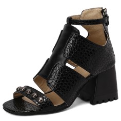 Peep Toe Ankle Straps Snake Print Chunky Heels Sandals - Black