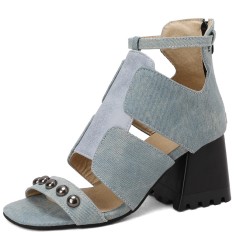 Peep Toe Ankle Straps Denim Chunky Heels Sandals - Auburn