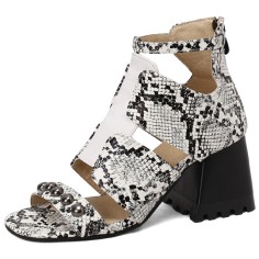 Peep Toe Ankle Straps Snake Print Chunky Heels Sandals - White
