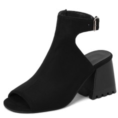 Peep Toe Ankle Buckle Straps Chunky Heels Spring Summer Sandals Boots - Black