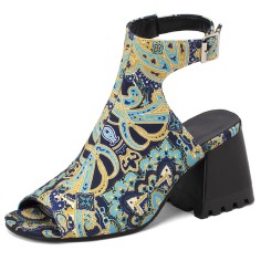 Peep Toe Ankle Buckle Straps Chunky Heels Spring Summer Sandals Boots - Blue