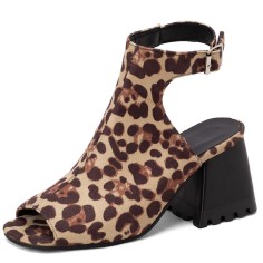 Peep Toe Ankle Buckle Straps Chunky Heels Spring Summer Sandals Boots - Leopard