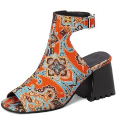 Peep Toe Ankle Buckle Straps Chunky Heels Spring Summer Sandals Boots - Orange