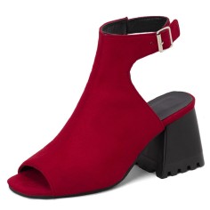 Peep Toe Ankle Buckle Straps Chunky Heels Spring Summer Sandals Boots - Red