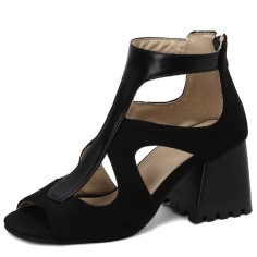 Peep Toe Ankle Buckle Straps Chunky Heels Back Zipper Greek Summer Sandals - Black
