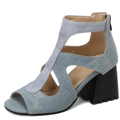 Peep Toe Ankle Buckle Straps Chunky Heels Back Zipper Greek Summer Sandals - Blue