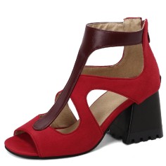 Peep Toe Ankle Buckle Straps Chunky Heels Back Zipper Greek Summer Sandals - Red