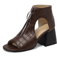 Peep Toe Front Zipper Snake Print Chunky Heels Sandals Boots - Auburn