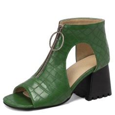 Peep Toe Front Zipper Snake Print Chunky Heels Sandals Boots - Green