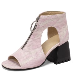 Peep Toe Front Zipper Snake Print Chunky Heels Sandals Boots - Pink