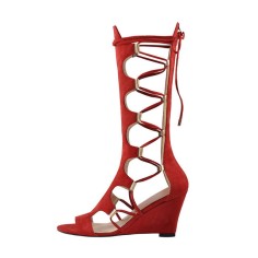 Peep Toe Gladiators Lace Up Wedges Sandals with Back Zipper - Red