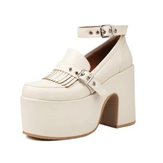 Round Toe Chunky Heels Platforms College Lolita Creepers Ankle Buckle Straps Loafers - Beige