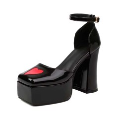 Square Toe Chunky Heels Heart Pattern Cute Ankle Buckle Straps Platforms Sandals - Black Patent