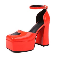 Square Toe Chunky Heels Heart Pattern Cute Ankle Buckle Straps Platforms Sandals - Orange Patent