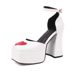 Square Toe Chunky Heels Heart Pattern Cute Ankle Buckle Straps Platforms Sandals - White Patent