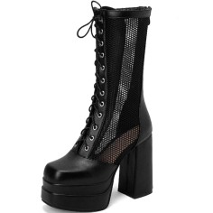 Round Toe Platforms Chunky Heels Transparent Summer Punk Rock Lace Up Boots - Black
