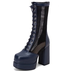 Round Toe Platforms Chunky Heels Transparent Summer Punk Rock Lace Up Boots - Blue