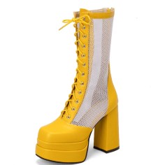 Round Toe Platforms Chunky Heels Transparent Summer Punk Rock Lace Up Boots - Yellow