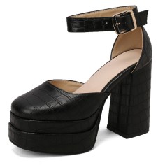 Square Toe Platforms Ankle Straps Croco Embbossed Chunky Heels Dorsay Pumps - Black